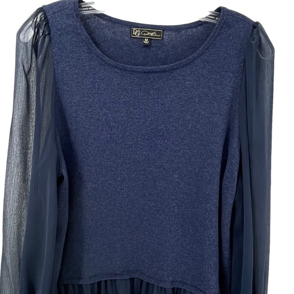DG2 by Diane Gilman Navy Blue Blouson Chiffon Sleeve Peplum Blouse - Sz M - Picture 4 of 15